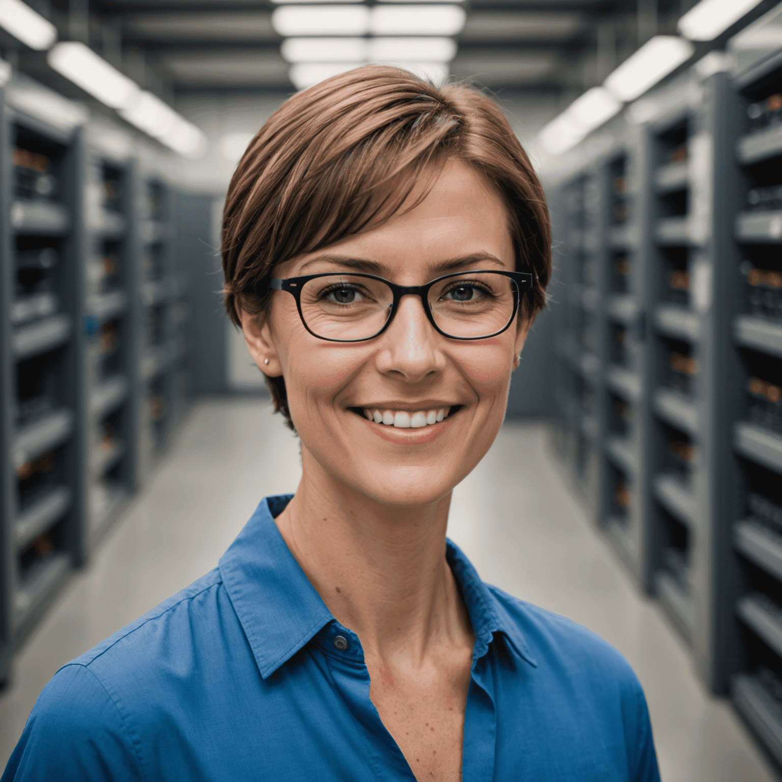 Portrait d'une femme aux cheveux courts, portant des lunettes, avec un sourire confiant. Elle porte une chemise bleue et se tient devant un fond de serveurs flou.