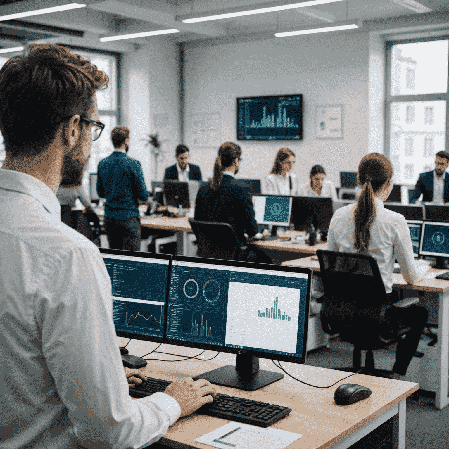 Interface d'Advanced IP Scanner montrant un scan de réseau en cours dans un bureau français moderne avec des employés travaillant sur des ordinateurs en arrière-plan