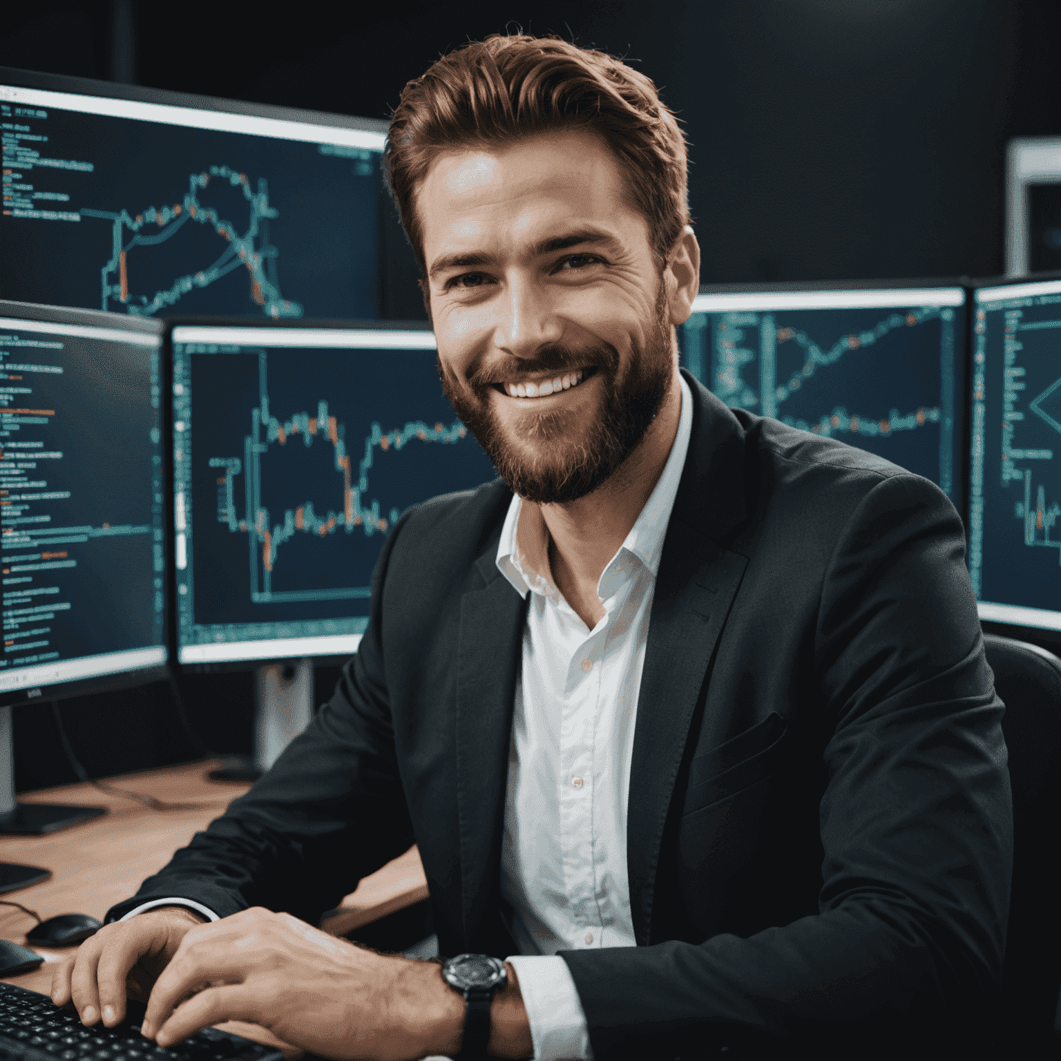 Portrait d'un homme barbu souriant, portant une chemise blanche et une veste noire. Il est assis devant un ordinateur avec des lignes de code visibles à l'écran.