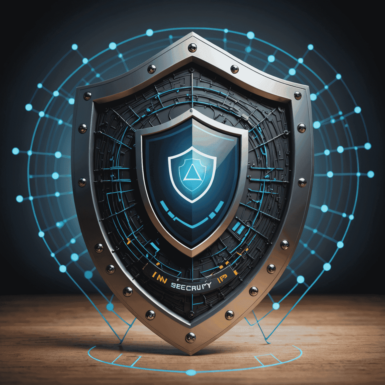 Illustration d'un bouclier protégeant un réseau, avec des icônes de sécurité et le logo d'Advanced IP Scanner