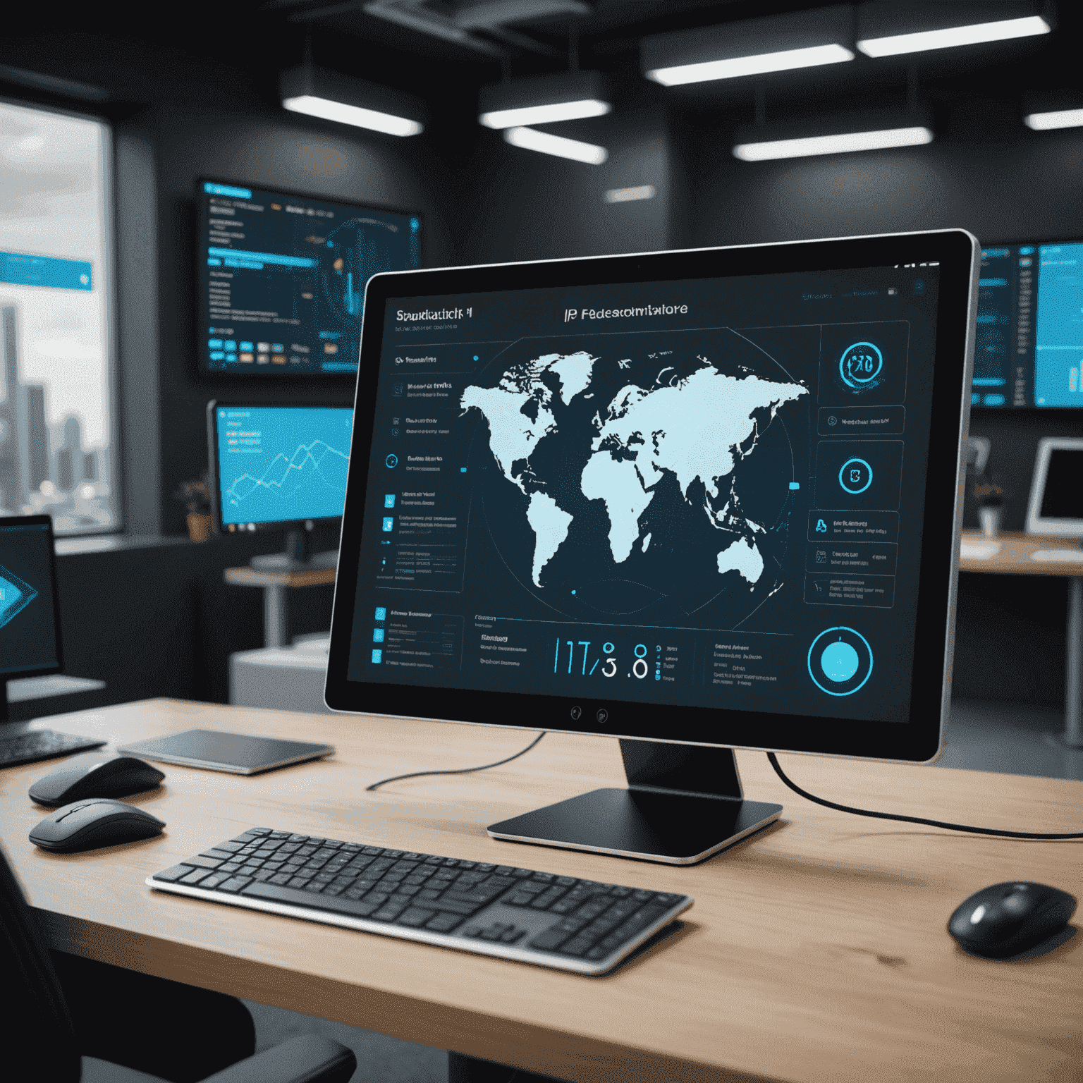Mockup futuriste de l'interface d'Advanced IP Scanner avec des fonctionnalités d'analyse prédictive et d'intégration cloud